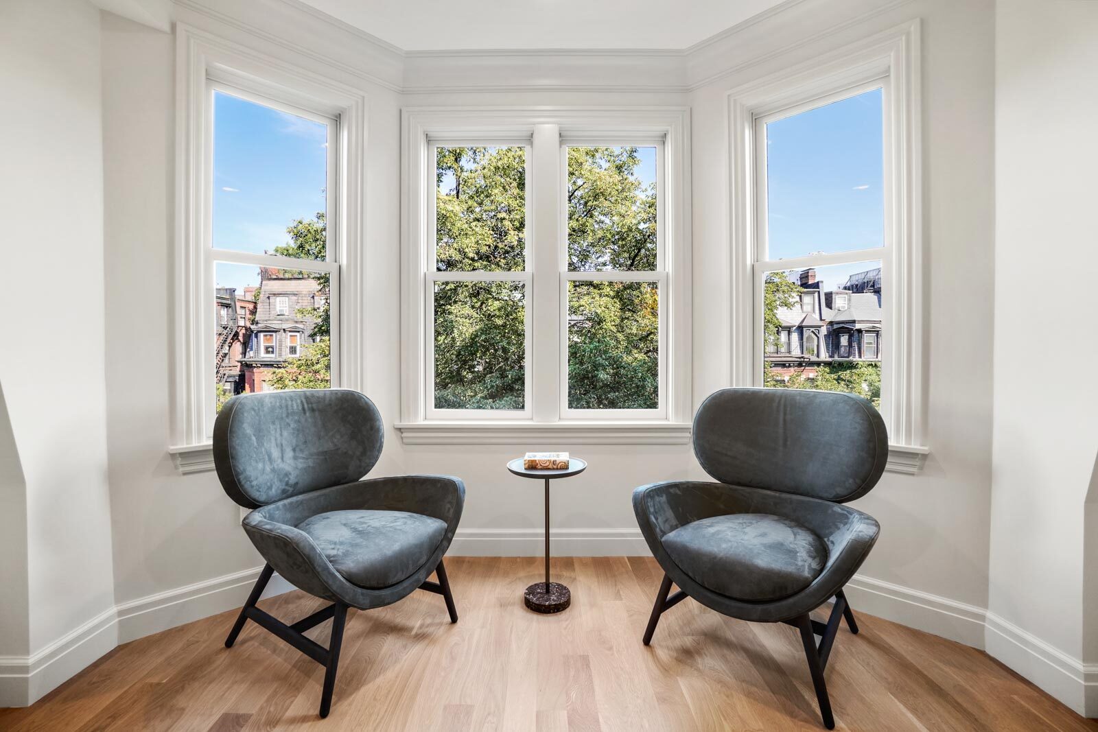 Bay window sitting area with painted trim