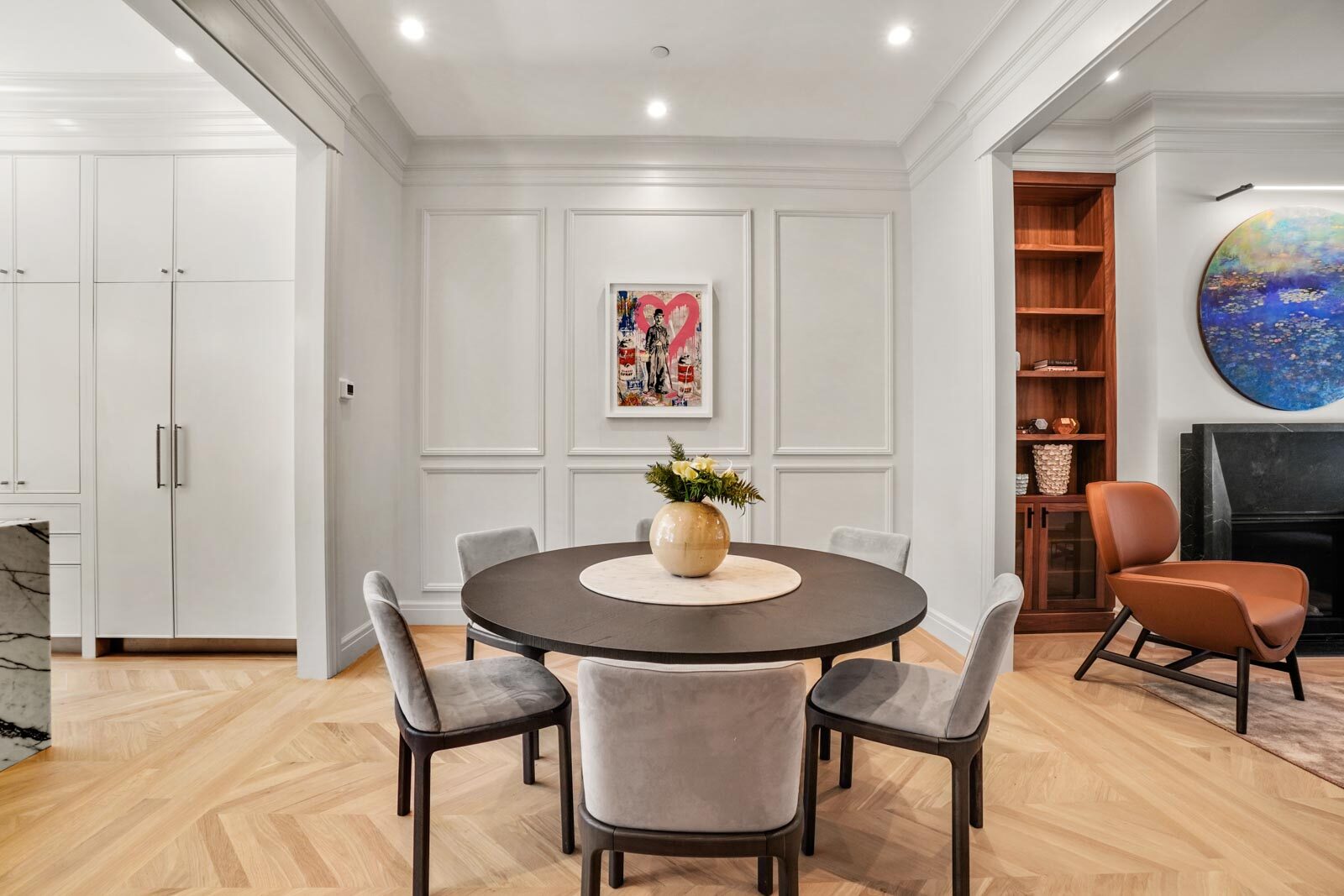 Dining room with painted wall paneling